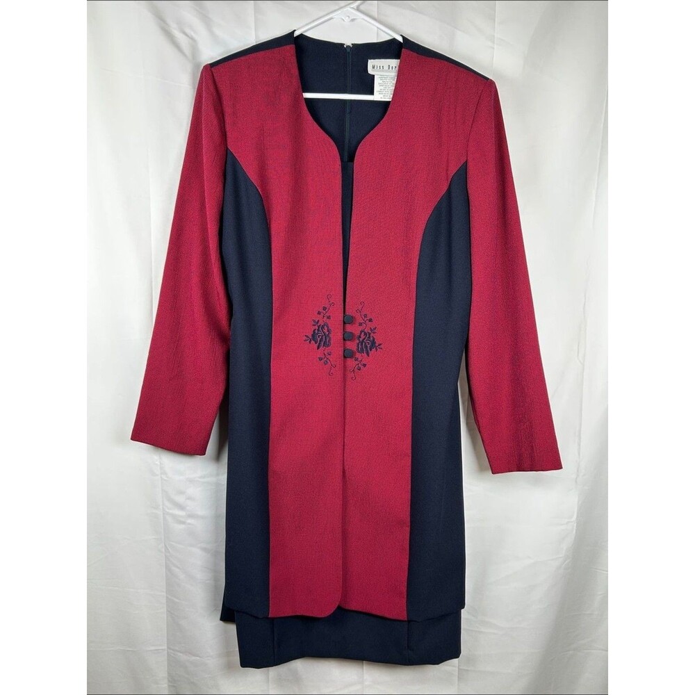 Vtg Miss Dorby Red Navy Jacket Dress Set Women’s Size 14 Career Church